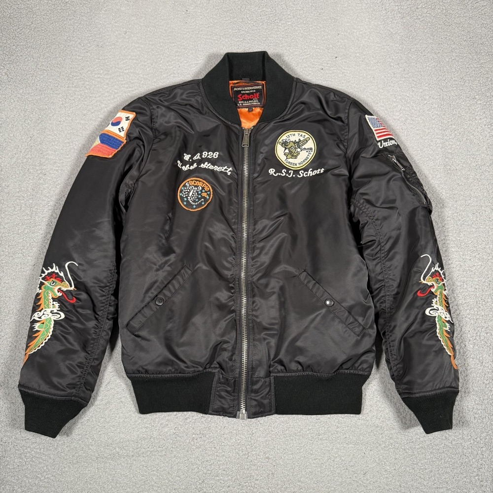 Schott Jacket Mens Medium Black Sukajan MA-1 Full Zip Flight Bomber Patches Logo